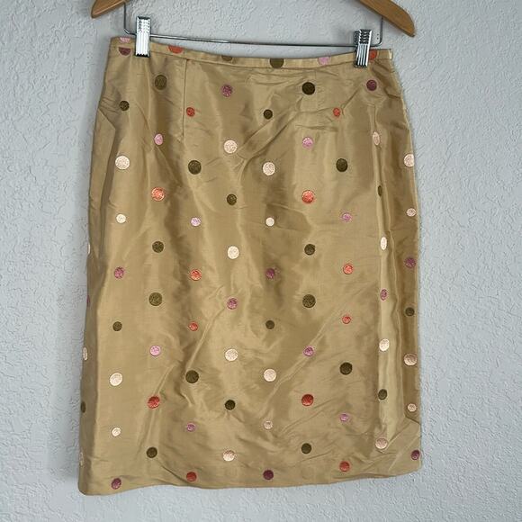 Spenser Jeremy 100% Silk Embroidered Polka Dot Skirt Tan Twee Preppy Office - Picture 1 of 6